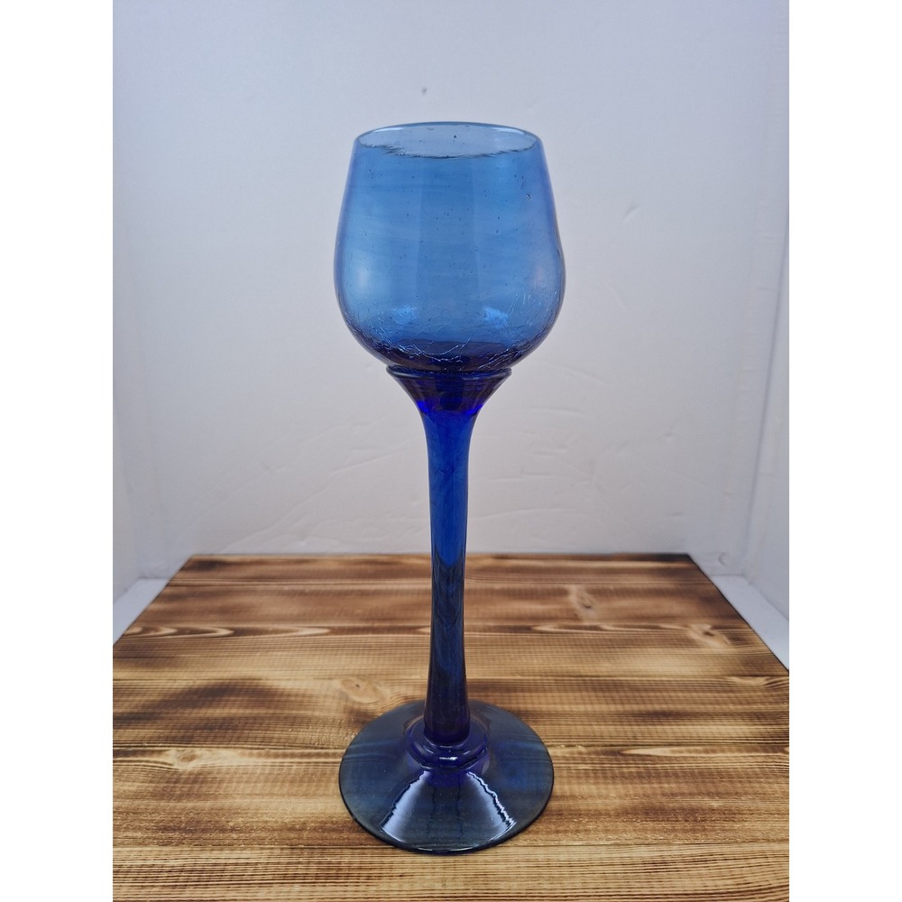 Hand Blown Colbalt Blue Thick Bubble Crackle Glass Wine Goblet Mexico - 10" Tall